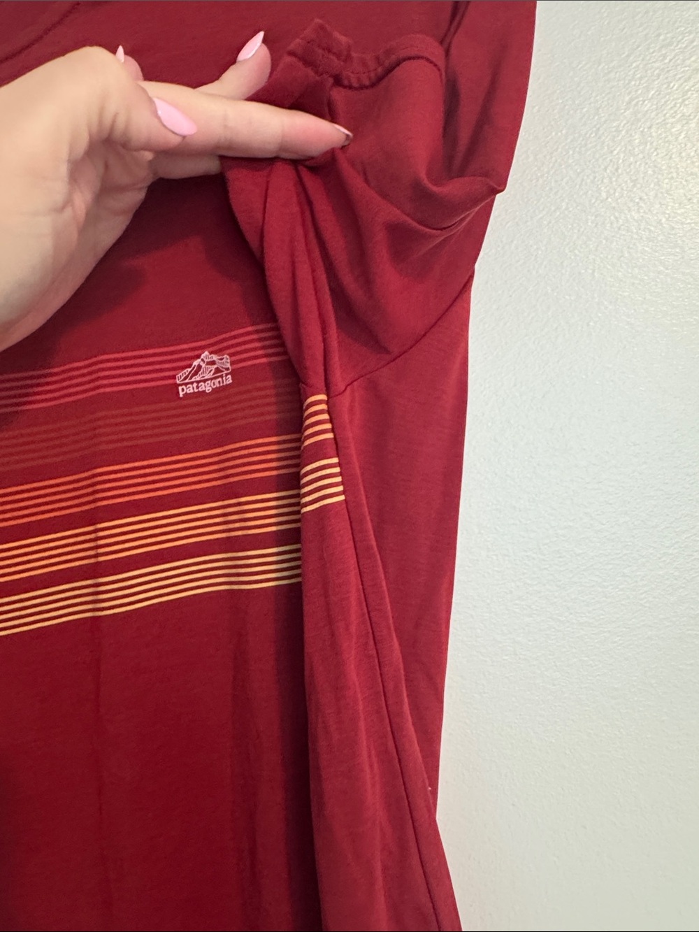 Patagonia Red Short-Sleeve Tee with Yellow-Orange Stripe - Picture 3 of 6